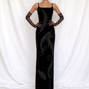 Vintage Black Knit Floral Velvet Glitter Maxi Bodycon Formal Prom Dress Size M/L